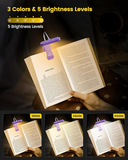 Glocusent Horizontal ET-Head Book Light for Reading in Bed, Eye Caring, CRI 95, 3 Colors & 5 Brightness, Rechargeable Long Lasting Reading Light, 1.8Oz Lightweight & Portable, Perfect for Book Lovers