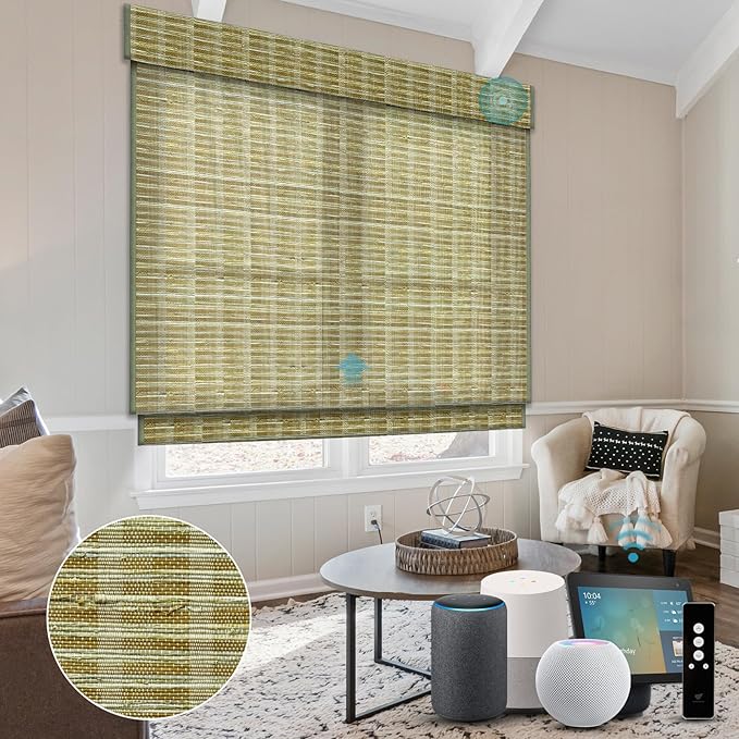 SmartWings Motorized Natural Woven Wood Shades for Windows, Electric Roman Shades with Remote for Bedroom Living Room, Work with Matter Zigbee Alexa Z-Wave Google Home, Customized, Bamboo Jute 905