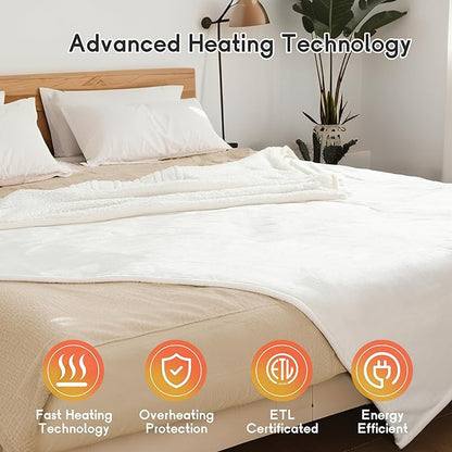 Heated Blanket Electric Blanket Queen Size 84''x90'' with 10 Heating Levels, 1-12 Hour Auto Shut Off, Machine Washable, Dual Controller Soft Warming Blanket for Couch, Bed, Office - White