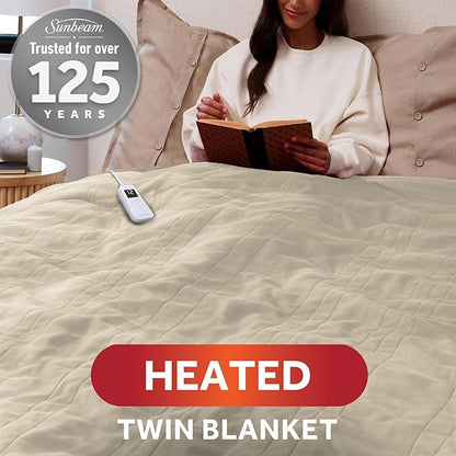 Sunbeam Royal Ultra Fleece Heated Electric Blanket Twin Size, 84" x 62", 12 Heat Settings, 12-Hour Selectable Auto Shut-Off, Fast Heating, Machine Washable, Warm and Cozy, Pebble