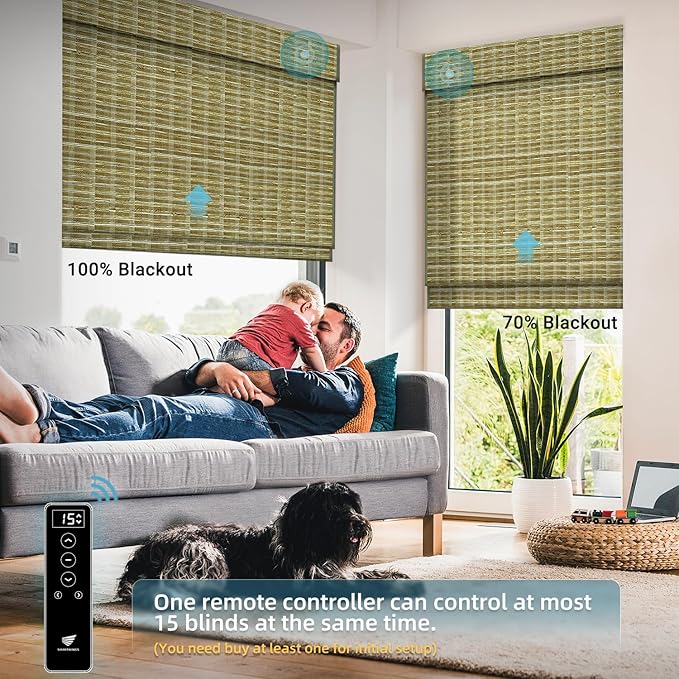 SmartWings Motorized Natural Woven Wood Shades for Windows, Electric Roman Shades with Remote for Bedroom Living Room, Work with Matter Zigbee Alexa Z-Wave Google Home, Customized, Bamboo Jute 905