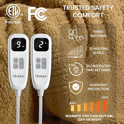 Heated Blanket Electric Blanket Queen - Fast Heating Blanket Throw Dual Control Double Sided Sherpa with 10 Heating Levels & 2-10 Hours Auto Off, Mashine Washable, 84 x 90 Inches, Camel