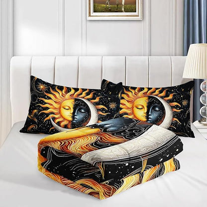 Sun and Moon Bedding Set Queen Size,Yellow Galaxy Celestial Bedding for Kids Boys Girls Teens Room Boho Decor,Black and Yellow Fluffy Comforter Sets with 2 Pillowcases.