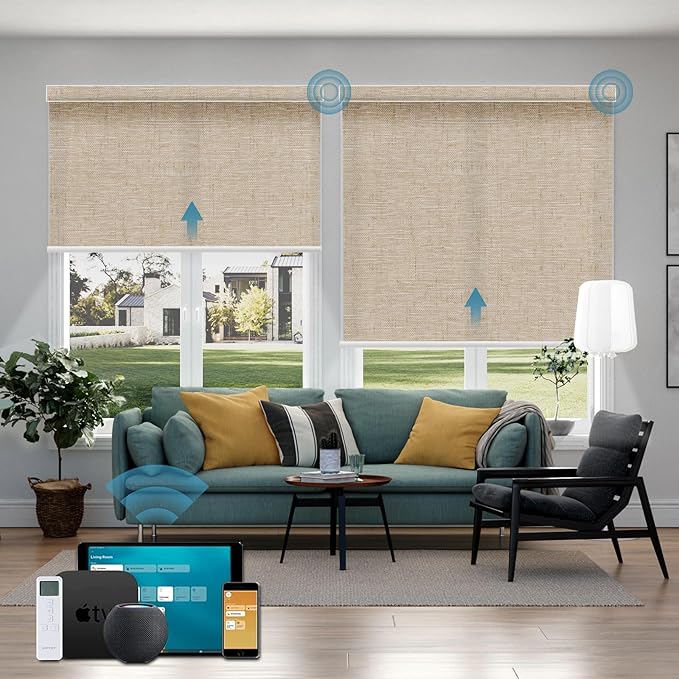 Motorized Light Filtering Shades Work with Homekit Thread-Enabled, 70% Blackout Smart Blinds for Windows, Electric Blinds with Remote, APP/Voice Control, Linen Caramel