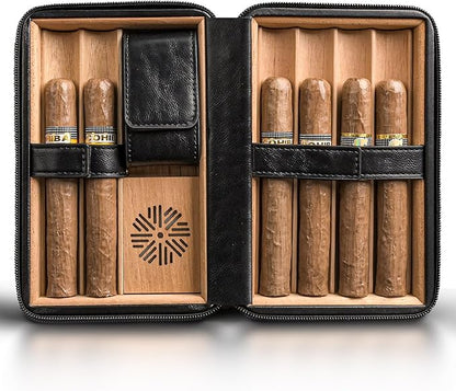 Portable Cigar Humidor Travel Case, Leather & Wood Cigar Box with Humidifier for 6 Cigars, Ideal for Travel and Desktop Storage, Compact and Durable Design (black)