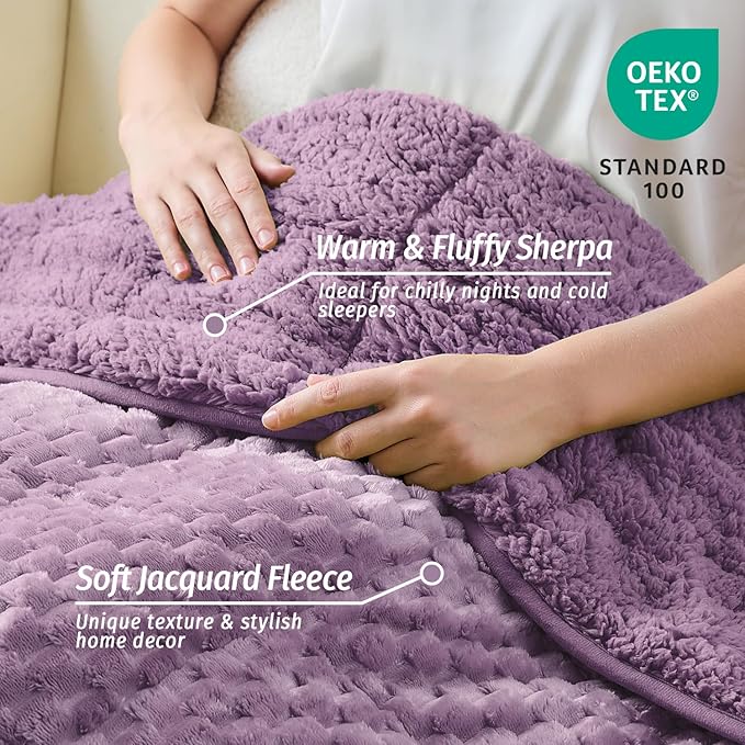 Wemore Fleece Weighted Blanket for Adults (60" x 80" 20lbs, Purple), Dual Sided Cozy Soft Sherpa Heavy Blanket, 3D Imitation Turtle Shell Warm Jacquard Flannel Weighted Blankets for Couch and Bed