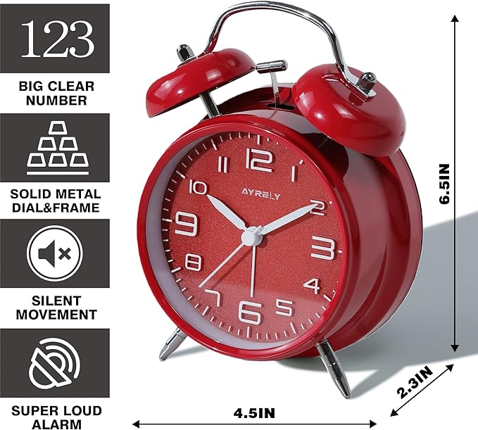 AYRELY® Super Loud Twin Bell Alarm Clock for Heavy Sleepers Adults, 4-Inch Retro Silent Non-Ticking with Night-Light, 3D Raised Number Dial, Battery Operated for Bedroom Bedside (3D Dial – Red)