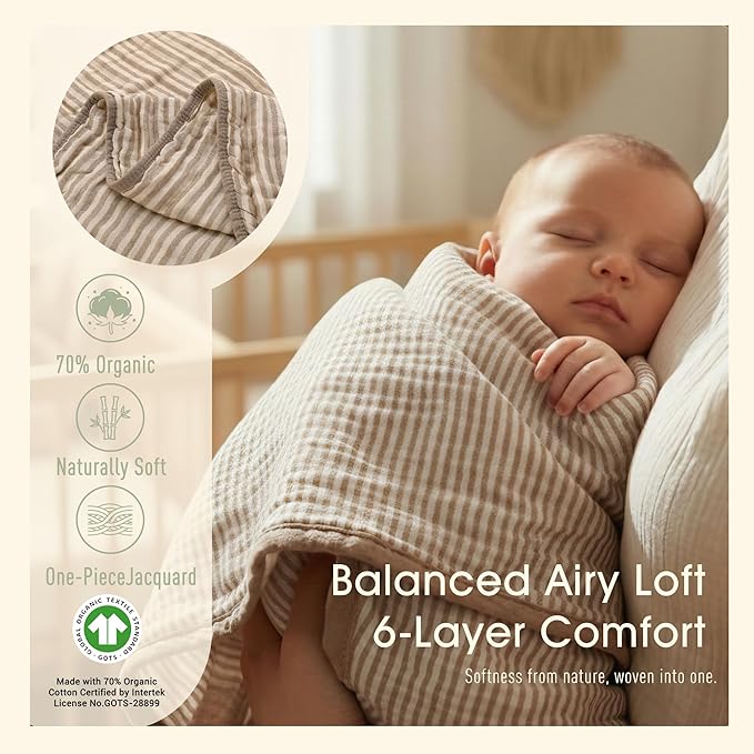 Ultra Soft Muslin Baby Blanket - Made with Organic Cotton, Gender Neutral Warm Coffee Striped Jacquard, Swaddle & Crib Quilt, 43x43 Inches (Horizon Dune)