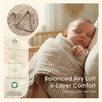 Ultra Soft Muslin Baby Blanket - Made with Organic Cotton, Gender Neutral Warm Coffee Striped Jacquard, Swaddle & Crib Quilt, 43x43 Inches (Horizon Dune)