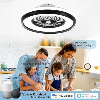 24" Bladeless Ceiling Fan with RGB Light Remote, Smart LED Ceiling Fans with Voice/App Control, Modern Low Profile Dimmable Light Ceiling Fan for Bedroom Living Room Black