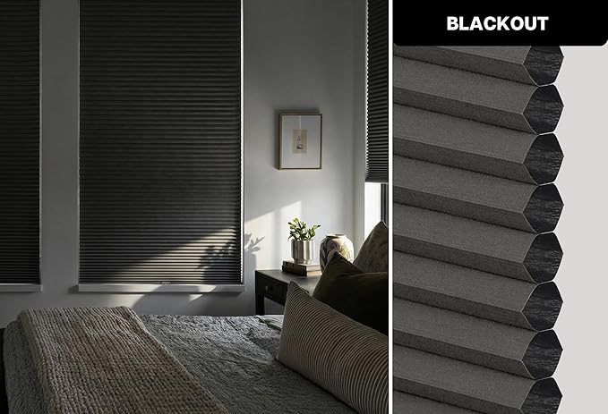 LazBlinds Cordless Cellular Shades, No Tools No Drill Blackout Honeycomb Shades Pleated Blinds for Windows, 42'' W x 48'' H, Midnight Black
