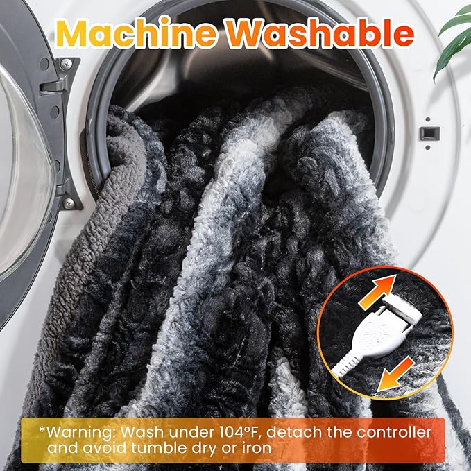 WOOMER Heated Blanket Throw 50" x 60", Electric Blanket Throw with 4 Heating Levels & 4H Auto Off, ETL Certified, Black Grey Flowers Patterns Faux Fur & Sherpa, Machine Washable