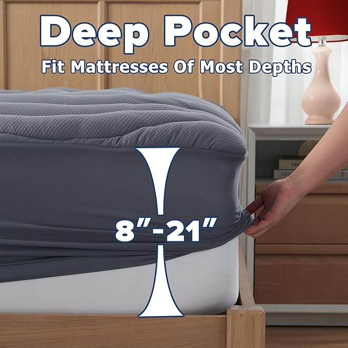 King Mattress Pad for Back & Hip Pain Relief, Pillow Top Cooling Bed Topper Quilted Fitted, Hotel Quality Deep Pocket Soft King Mattress Protector Cover Washable (78x80 inch, Grey)