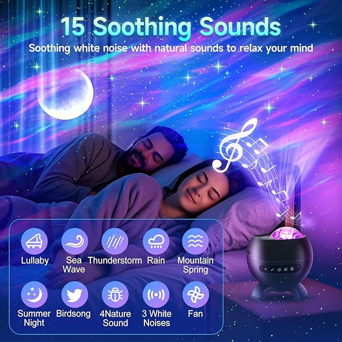 Sound Machine White Noise Machine for Sleeping, 15 Soothing Sounds & Bluetooth Speaker Aurora Light Projector, 15Colors White Noise Sound Machine for Sleep Therapy for Adults & Kids with Remote+Timer