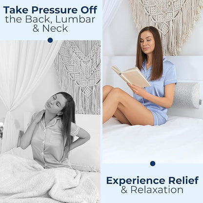 5 STARS UNITED Knee Pillow for Back Sleeping – Memory Foam Cushion for Sciatica Pain Relief – Under Leg Support for Sleeping on Back – Half Moon Bolster for Bed, Gray Cotton Cover