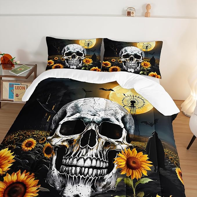 Skull Comforter Set for Gothic Decor Bedroom,Sunflower Floral Bat Print Bedding Full Size Comforter Set for Kids Boys Girls,Dark Night Halloween Horror Bedding Set with 2 Pillowcases.