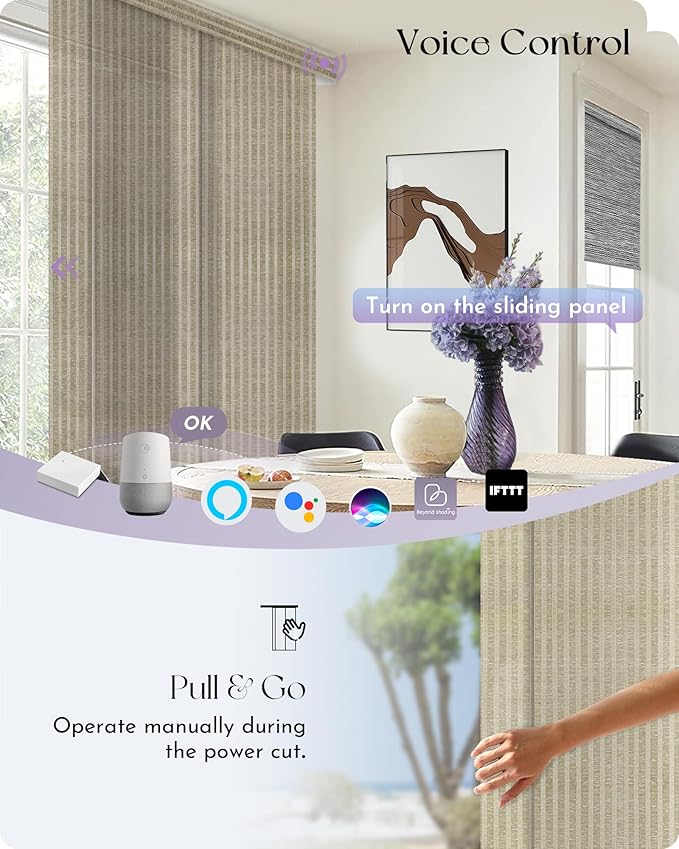 Graywind Rechargeable Smart Sliding Panels Compatible with Alexa Google Motorized Panel Track Blinds Remote Control for Patio Sliding Door Closet Door Width Up to 177" Custom Size (Wheat)