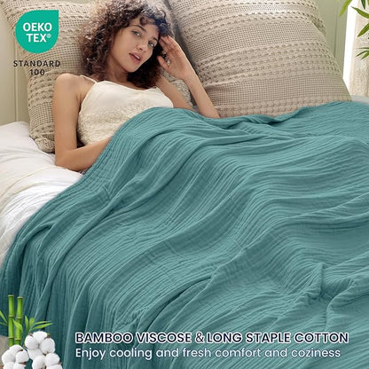 PHF Cooling Muslin King Blanket for Hot Sleepers, 60% Viscose from Bamboo, 40% Cotton and 4-Layer Breathable Gauze Blanket for Bed Couch, 108"x90", Teal Blue