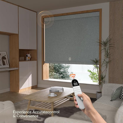 Boolegon Motorized Roller Blinds with Remote Control, Blackout Linen Fabric-Matched Automatic Roller Shades for Windows, Rechargeable Electric Window Shades for Home,Office, Gray, Custom Now.