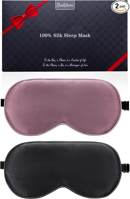 BeeVines 100% Real Mulberry Silk 2 Pack Sleep Mask, Pure Silk Eye Masks with Adjustable Strap for Sleeping, 100% Block Light Eye Shade Cover, Reduces Puffy Eyes Traveling Gifts(Black & Ruby Purple)
