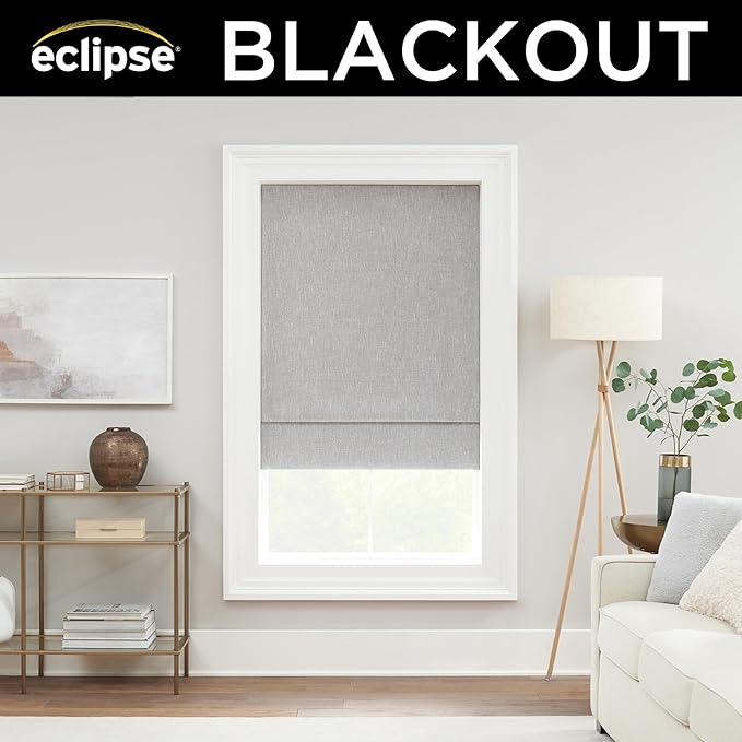 Eclipse Drew Roman Shades for Windows, Cordless 100% Blackout Shades, 23 in Wide x 64 in Long, Noise Reducing, Energy Efficient and Textured Solid Window Shades for Living Room, Bedroom, Smoke