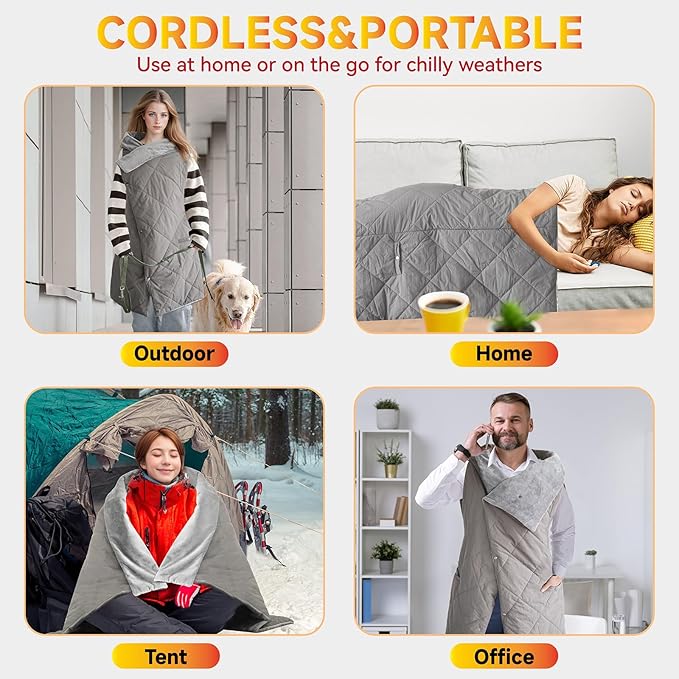 Heated Blanket Outdoors, Battery Operated Heated Throw with 10000mAh Power Bank, 2-in-1 Blanket & Shawl for Camping, Hiking, Stadium Events & Travel, Cordless USB Heated Blanket-Grey