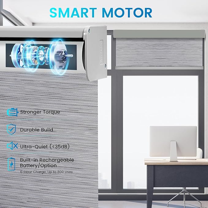 Motorized 100% Blackout Roller Shades – Custom Smart Blinds with Remote Control, Rechargeable Battery or Plug-in Motor, Tuya WiFi Optional, Home & Office Automatic Window Shades (Cement Gray/CH9429)
