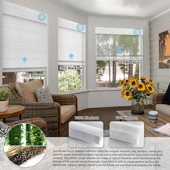 SmartWings Motorized Natural Woven Wood Shades for Windows, Electric Roman Shades with Remote for Sliding Doors, Work with Matter Homekit Zigbee Alexa Z-Wave Google Home, Customized, Bamboo 702