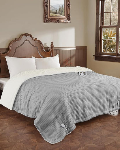 CAROMIO Heated Blanket Queen Size with LCD Dual Controller, Waffle Weave Fast Heating Electric Blankets, 10 Heat Levels & 1-12H Time Settings, ETL Certified, Machine Washable, Grey, 84" x 90"