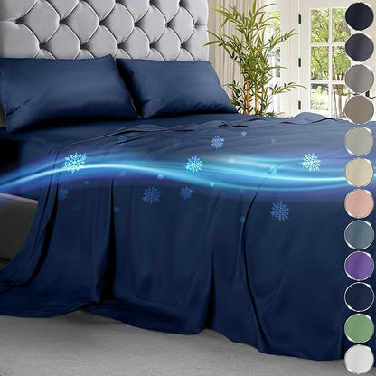 DECOLURE Cooling Sheets Queen Set 4pcs - Luxurious & Ultra-Soft Cooling Bed Sheets Queen Size for Hot Sleepers - Comfortable Bamboo Viscose Microfiber Queen Bed Sheets Set Cooling (Navy)