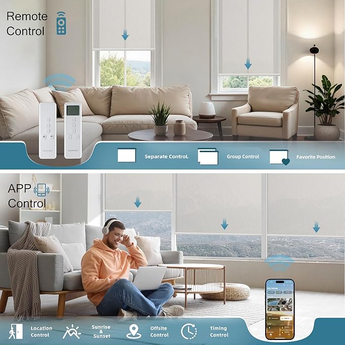 Motorized Shades Compatible with Alexa,Google Asssitant,Homekit Over Thead,3% Openness Solar Roller Blinds for Window,Smart Blinds with Remote,APP/Voice Control,3% Openness Aventus Beige