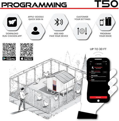 RUN-CHICKEN Door T50 – Automatic Chicken Coop Door Opener, Battery Powered & Weatherproof Aluminum, Smart App & Timer Control, Predator Proof, Easy Install, Reliable All-Season Performance (USA)