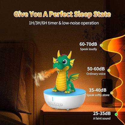 Aromatherapy Dragon Humidifier, 200ML Essential Oil Diffuser with Remote & Timer, White Noise Machine with 10 Soothing Sounds, Cute Small Humidifiers for Kids Bedroom, Home, Office (Green)