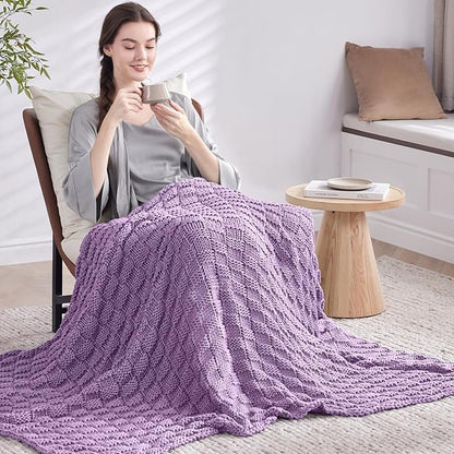 Knitted Weighted Blanket Adult, No Beads Heavy Blanket 50” x 60'' 5lbs, Breathable Chunky Knit Blanket, Cooling Weighted Blanket for Hot Sleepers, Christmas Home Decor (Lilac)