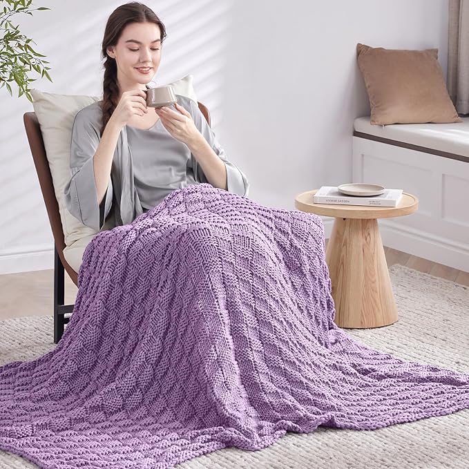 Knitted Weighted Blanket Adult, No Beads Heavy Blanket 70” x 90'' 20lbs, Breathable Chunky Knit Blanket, Cooling Weighted Blanket for Hot Sleepers, Christmas Home Decor (Lilac)