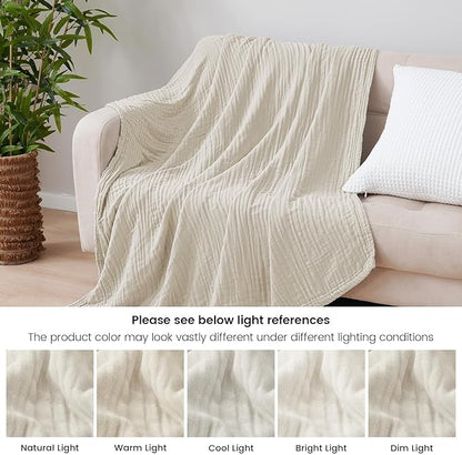 PHF Cooling Muslin Throw Blanket for Hot Sleepers, 60% Viscose from Bamboo, 40% Cotton and 4-Layer Breathable Gauze Blanket for Bed Couch, 50"x60", Oat Milk