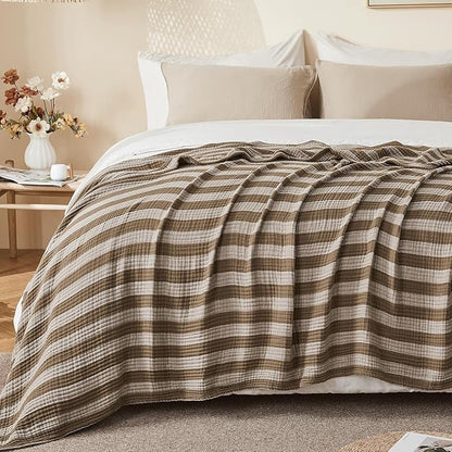 EMME Cotton Muslin Twin Blanket Breathable Gauze Soft Lightweight Adults Gifts for Women (Striped Brown, 60"x80")