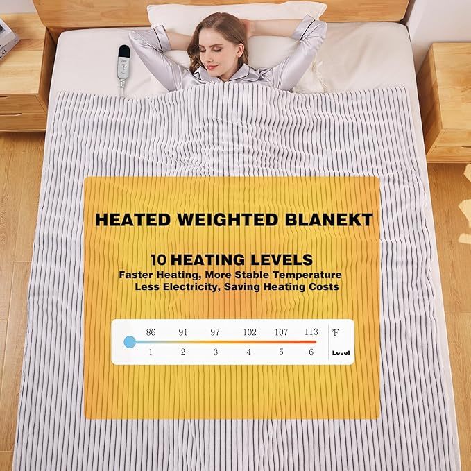 ZonLi Heated Weighted Blanket 20lbs, 60x80 Queen Size, Weighted Heated Blanket for Adults, Fast Heating 10 Heating Levels & 12H Auto Shut-off, Soft Comfort Flannel Heavy Blanket with Glass Beads