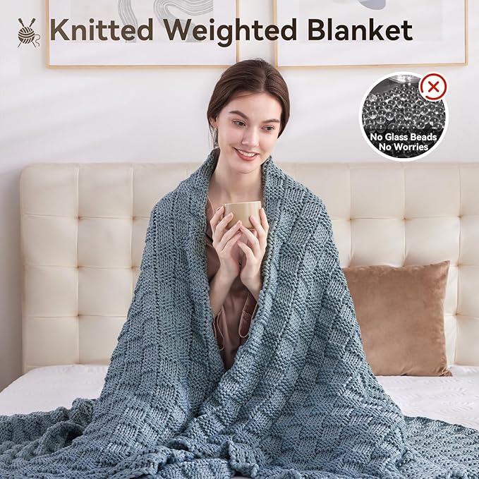 Knitted Weighted Blanket for Adult, No Beads Heavy Blanket 60” x 80'' 20lbs, Breathable Chunky Knit Blanket, Cooling Weighted Blanket for Hot Sleepers, Christmas Home Decor (Light Blue)
