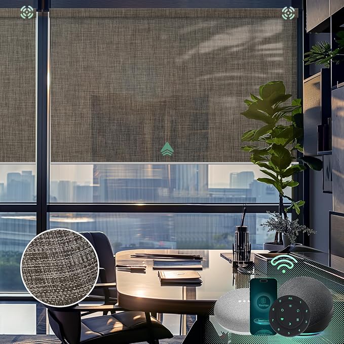 Yoolax Motorized Solar Shades Light Filtering Motorized Blinds with Remote Smart Blinds Work with Alexa Flame Retardant Roller Shades for Windows Home Office Custom Size (3% Openness Minty Oat Latte)