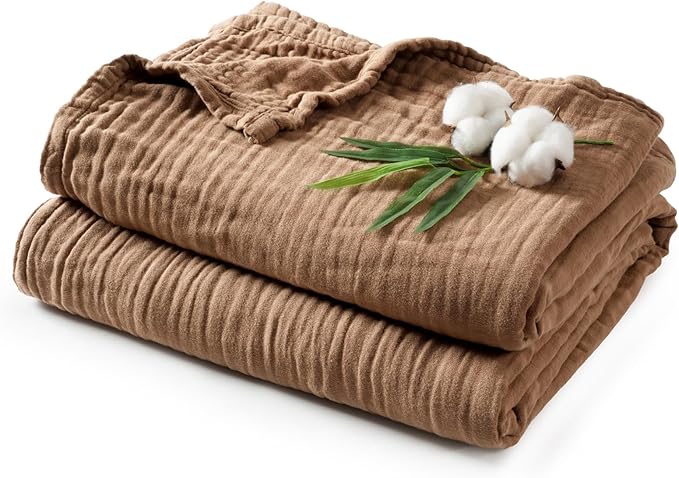 PHF Cooling Muslin Twin Blanket for Hot Sleepers, 60% Rayon Derived from Bamboo, 40% Cotton for Summer, 4-Layer Breathable Gauze Blanket for Bed Couch, 66"x90", Brown