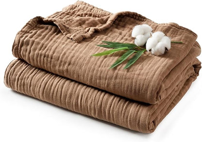 PHF Cooling Muslin Queen Blanket for Hot Sleepers, 60% Rayon Derived from Bamboo, 40% Cotton for Summer, 4-Layer Breathable Gauze Blanket for Bed Couch, 90"x90", Brown