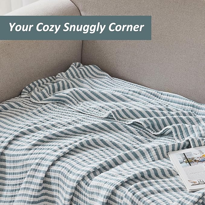 EMME Cotton Muslin Twin Blanket Breathable Gauze Soft Lightweight Adults Gifts for Women (Striped Teal, 60"x80")