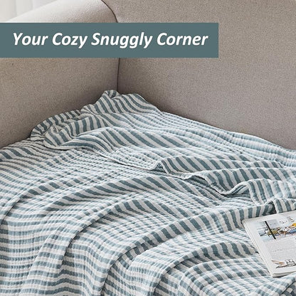 EMME Cotton Muslin Twin Blanket Breathable Gauze Soft Lightweight Adults Gifts for Women (Striped Teal, 60"x80")