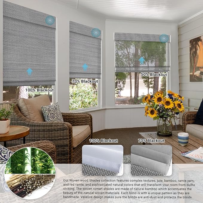 SmartWings Motorized Natural Woven Wood Shades for Windows, Electric Roman Shades with Remote for Sliding Doors, Work with Matter Homekit Zigbee Alexa Z-Wave Google Home, Customized, Bamboo 722