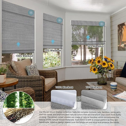 SmartWings Motorized Natural Woven Wood Shades for Windows, Electric Roman Shades with Remote for Sliding Doors, Work with Matter Homekit Zigbee Alexa Z-Wave Google Home, Customized, Bamboo 722