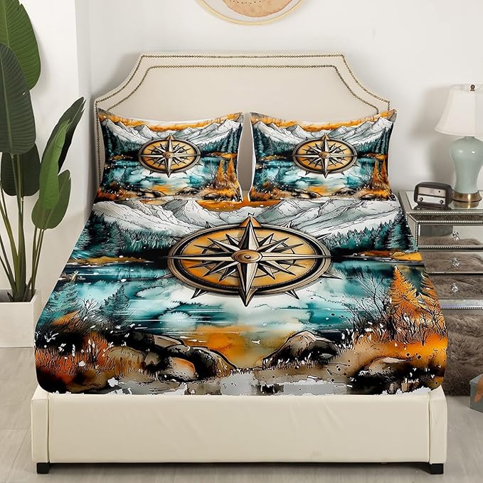 Compass Kids Fitted Sheet Queen Size,Mountain River Natural Scenery Retro Bedding Set,Boys Girls Room Decor,Lake House Fishing Adventure Camping Bed Cover,Green Bed Sheet,2 Pillowcases(No Top Sheet)