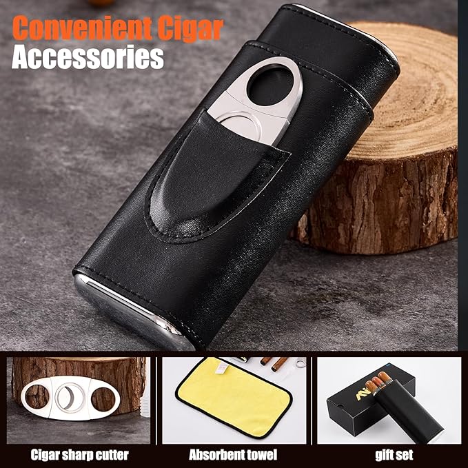 Leather Cigar Case, Travel Humidor Set, 3 Pack Black Cedar Wood Box with Cigar Cutter & Towel, Gift for Men, Portable Cigar Holder for Home & Travel, Mirror Base humidifiers Box Accessories