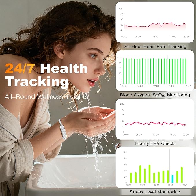 Smart Bracelet for Women, Health Activity Fitness Trackers, 24/7 Heart Rate, HRV, Blood Oxygen & Stress Monitor, 24H Sleep Tracker, Free APP for iOS & Android, Silver