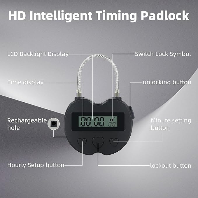 Heart Metal Timer Lock, USB Rechargeable Timer Compact Padlock with 1m Spring Cord, Up to 99 Hours Timed Self-Regulation Anti-Addiction Timer Padlock (Black)